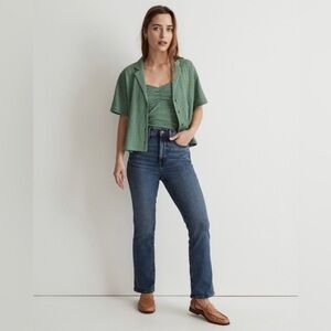 Madewell Green Crinkle-Knit Button-Front Top